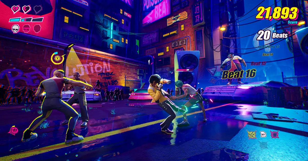 Neon rhythmic brawler Dead As Disco gameplay showing Charlie Disco fighting enemies.