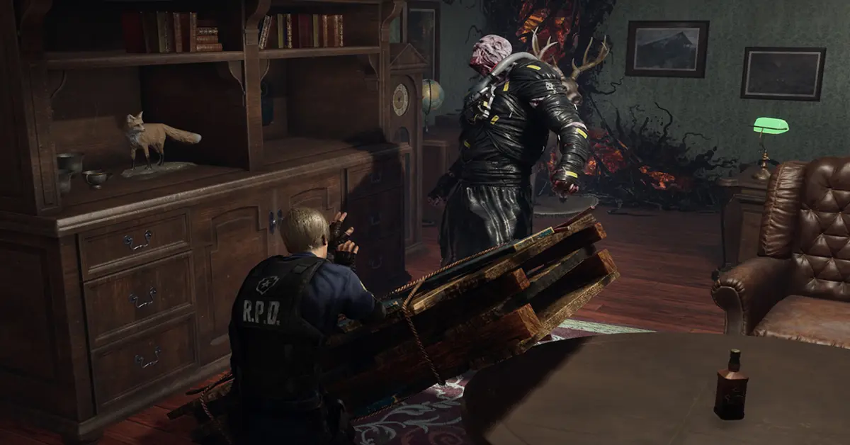 Leon S. Kennedy and Nemesis facing off in Dead by Daylight