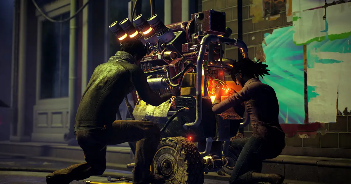 Dead by Daylight survivors repairing a generator while being hunted
