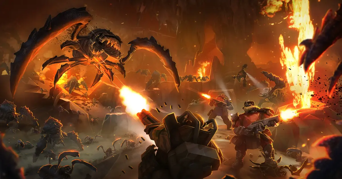 A Deep Rock Galactic dwarf team fighting off a massive swarm of Glyphid alien bugs while mining gold