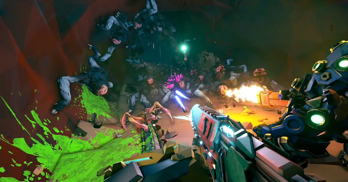 A Reclaimer squad fighting a swarm of Corespawn enemies inside a metallic, abandoned Deep Rock Galactic facility.