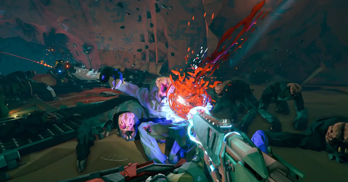 An elite dwarven Reclaimer from Deep Rock Galactic: Rogue Core battling hostile Corespawn in a dimly lit, industrial mining facility.