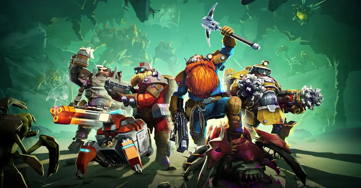 A squad of heavily armed dwarf miners standing together in a dark, glowing alien cavern in Deep Rock Galactic