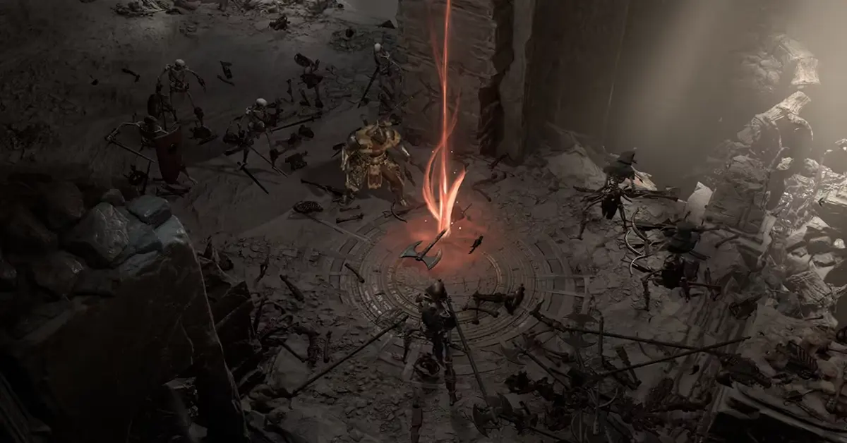 Diablo IV gameplay showing a Barbarian fighting demons in a dungeon.