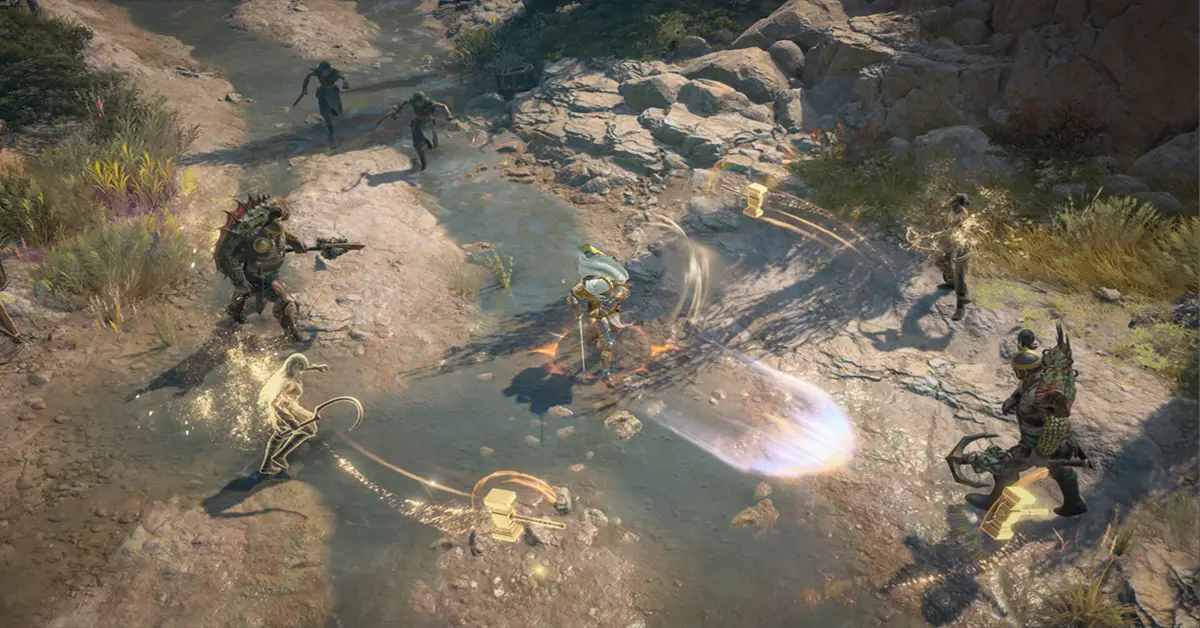 Gameplay screenshot showing a Paladin character wielding a glowing red sword and shield against a dark background in Diablo IV