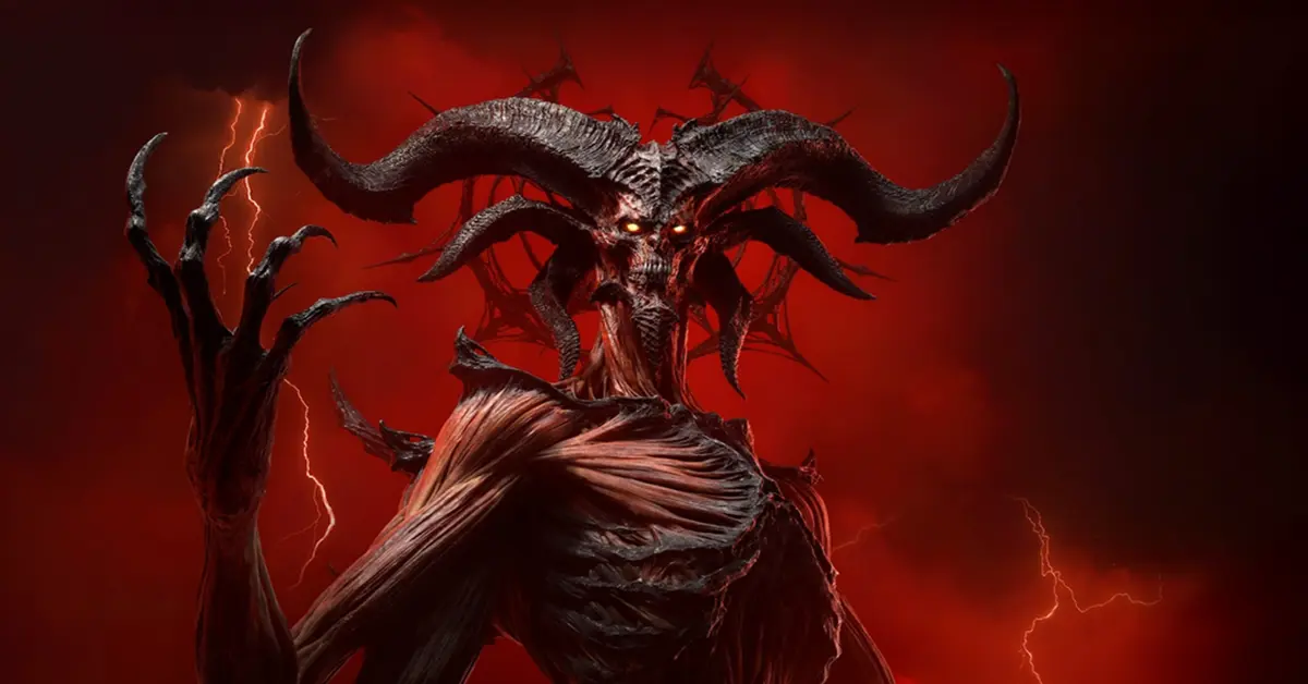 Diablo IV Lord of Hatred key art featuring a corrupted demonic figure against a stark red background