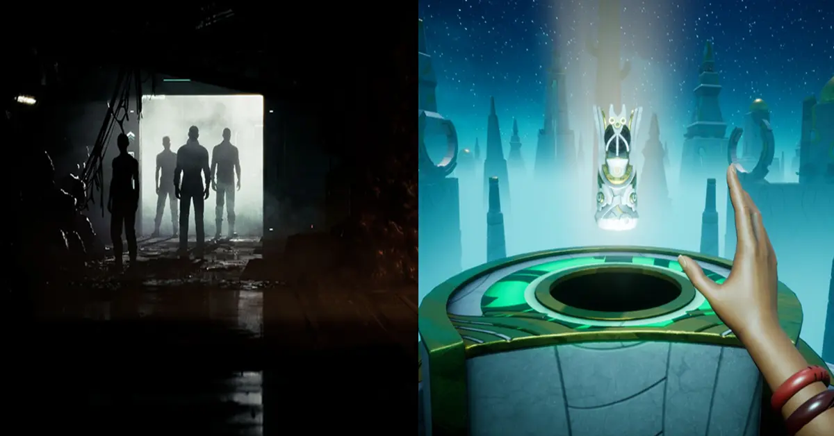 Gameplay environments comparing the dark corridors of Directive 8020 with the vibrant puzzle rooms in Call of the Elder Gods