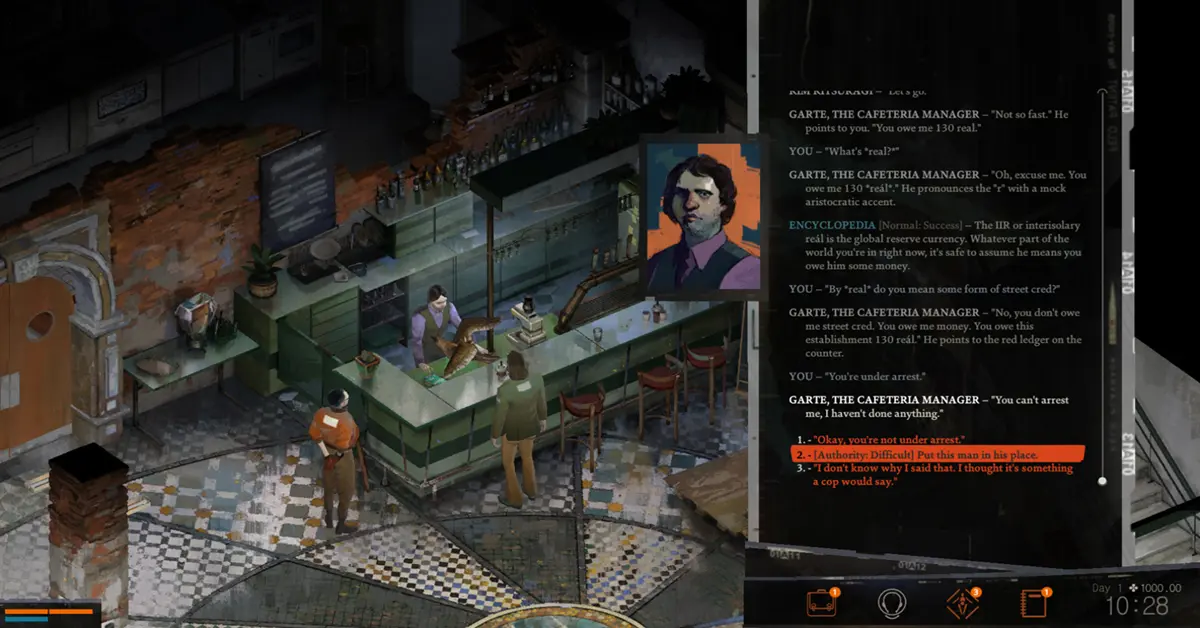 The intricate skill check and dialogue interface in Disco Elysium