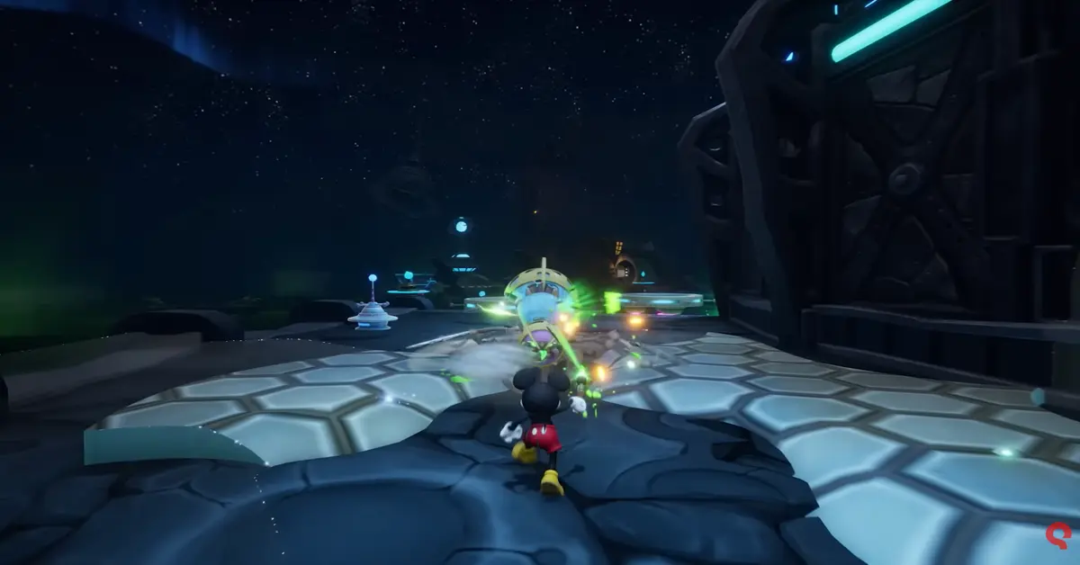 Mickey Mouse spraying thinner on enemies in Disney Epic Mickey Rebrushed gameplay