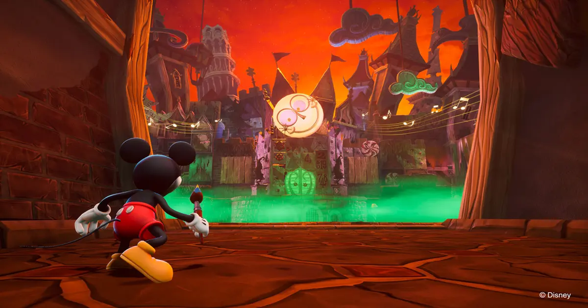 Disney Epic Mickey Rebrushed Mickey Mouse holding magic paintbrush in Wasteland