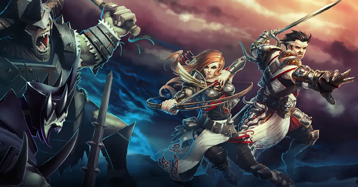 Divinity Original Sin Enhanced Edition key art featuring the main characters exploring a vibrant, detailed fantasy environment.