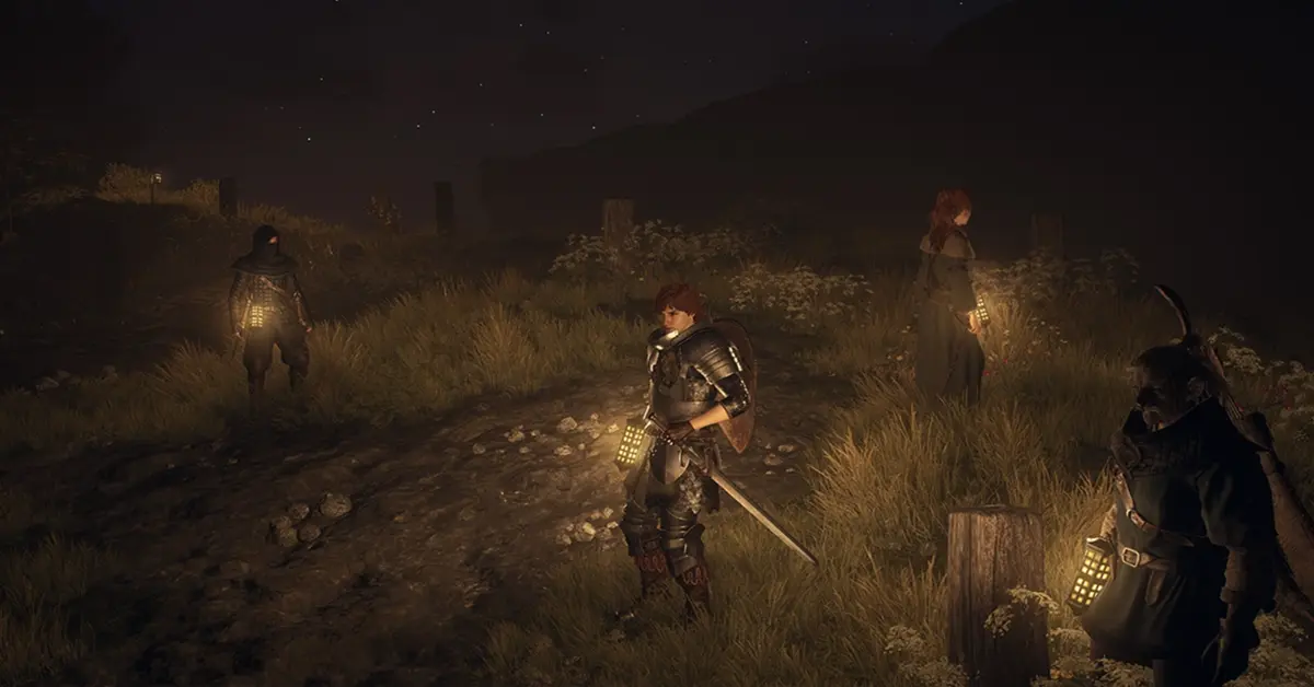 A party of four adventurers (Pawns) trekking through a dense forest at sunset.