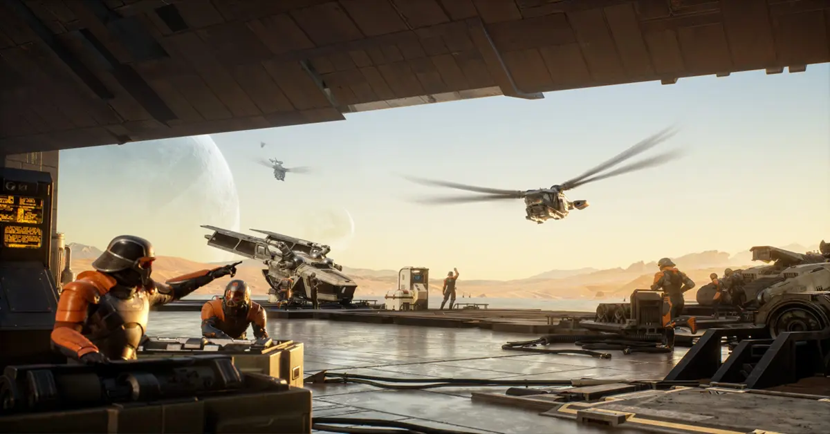 A squadron of ornithopters flying over a heavily fortified player base in the desert.