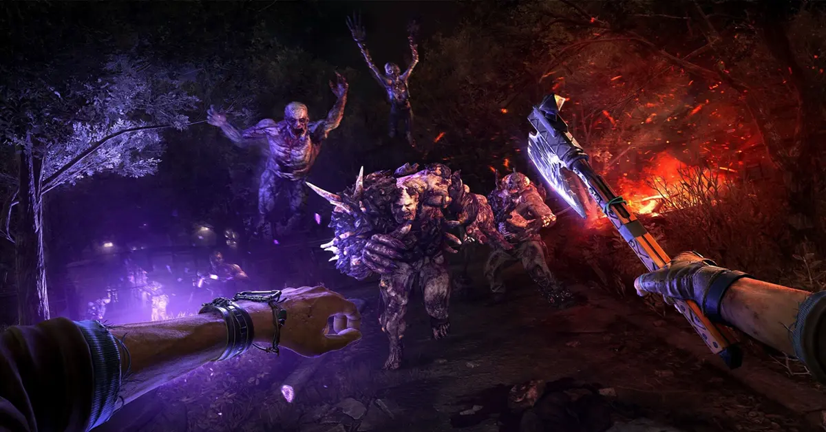 A first-person perspective showing a player wielding a brutal makeshift melee weapon against infected enemies.