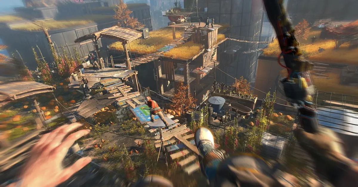 A lone survivor looking out over a ruined, overgrown cityscape at sunset in Dying Light 2.