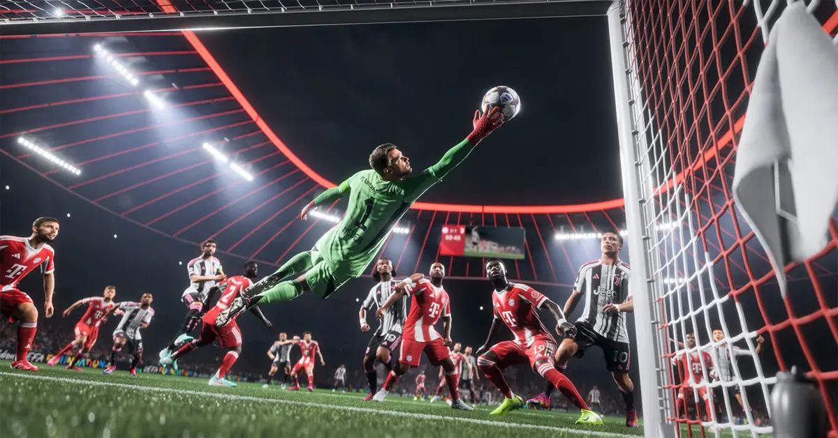 A goalkeeper in EA Sports FC 26 preparing to kick the ball.