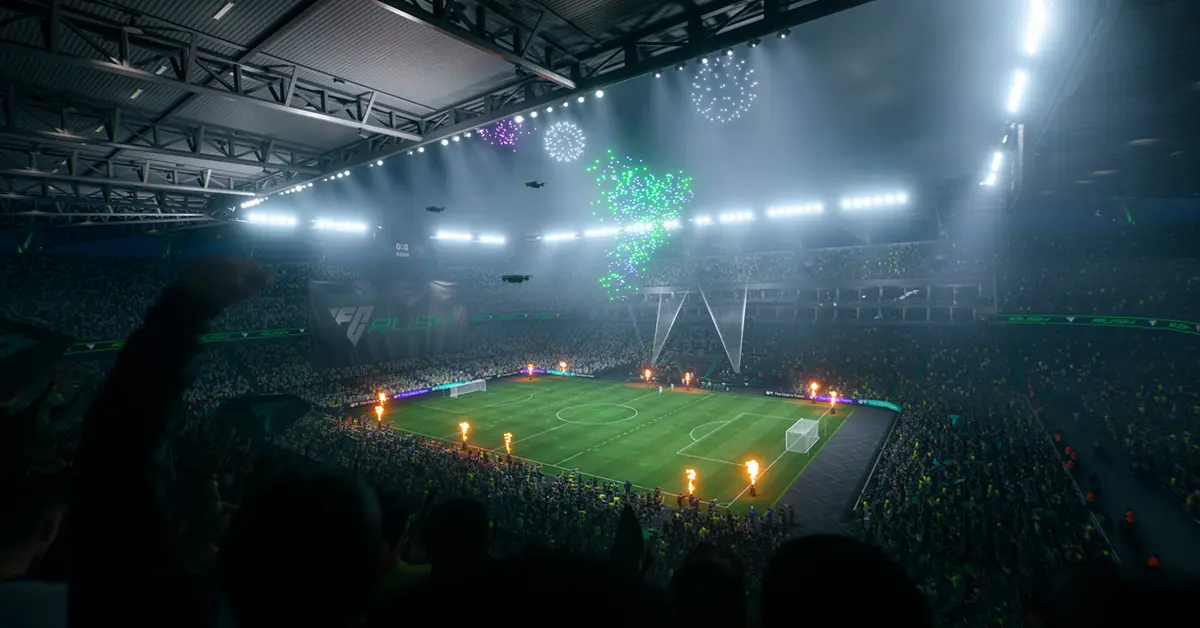 EA Sports FC 26 gameplay showing a stadium match in the final season sprint.