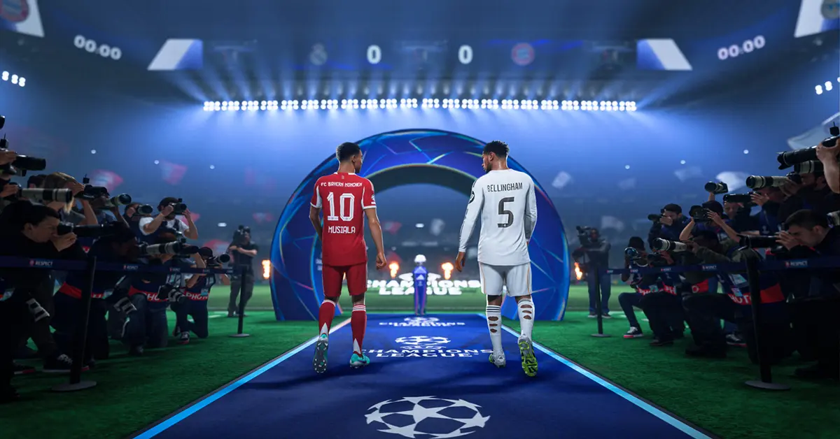 Players lining up for a Champions League match in EA Sports FC 26 under stadium lights.