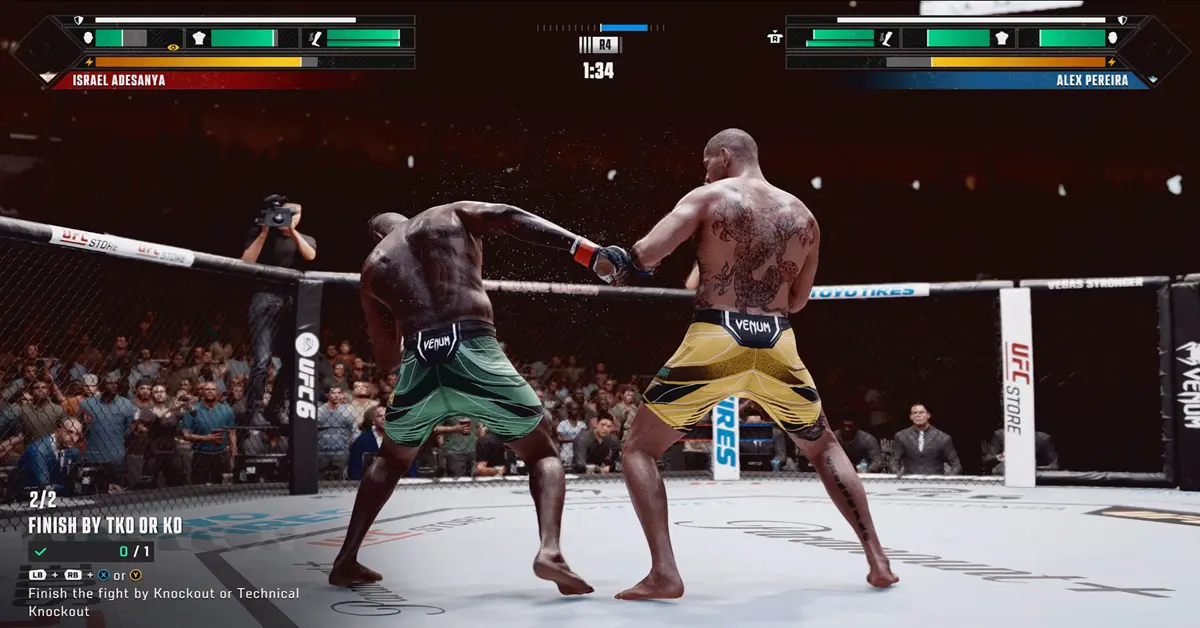 In-game UI displaying a fighter entering a Counter Striker Flow State with visual screen dimming