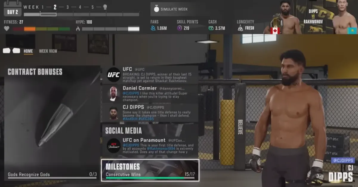EA Sports UFC 6 new Career Mode UI showing dialogue options and fighter hype meters