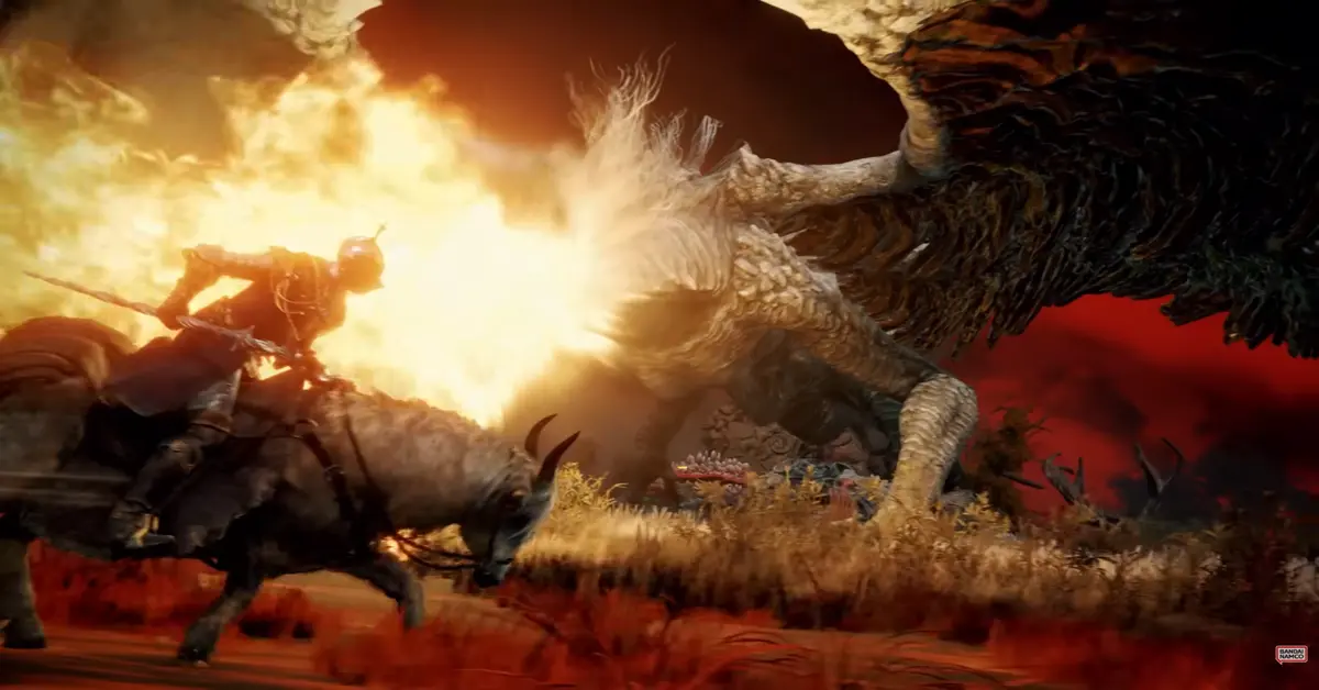 A player character dodging a massive fire attack from a dragon boss in Elden Ring.