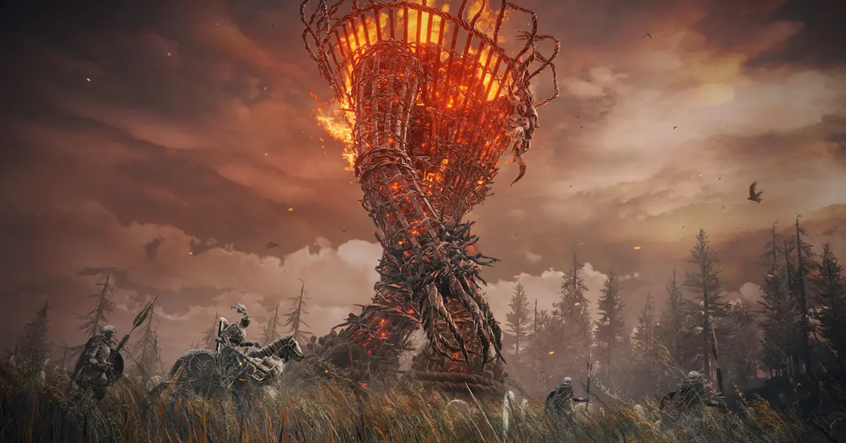 A heavily armored player character fighting a massive flaming golem enemy in the expansion