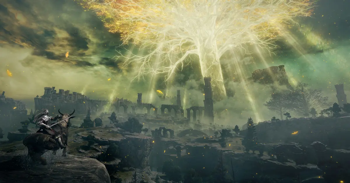 A heavily armored Tarnished warrior looking up at the glowing, golden Erdtree.