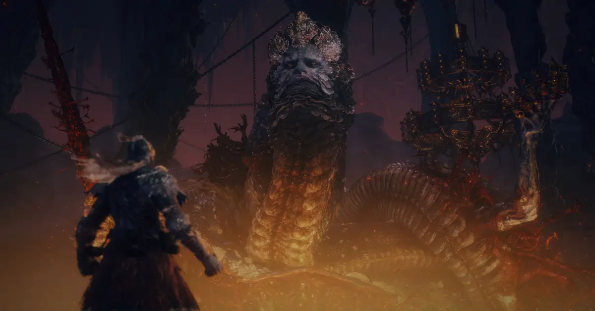 A Tarnished warrior gazing up at the dark, decaying Scadutree in the expansive Realm of Shadow