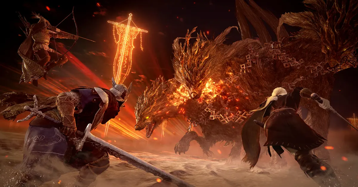 Three warriors fighting a massive boss in Elden Ring Nightreign co-op gameplay.