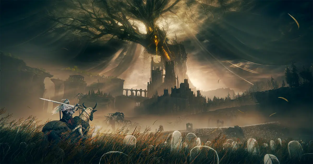 A player character overlooking the expansive, shadowy landscape of the Realm of Shadow in Elden Ring.
