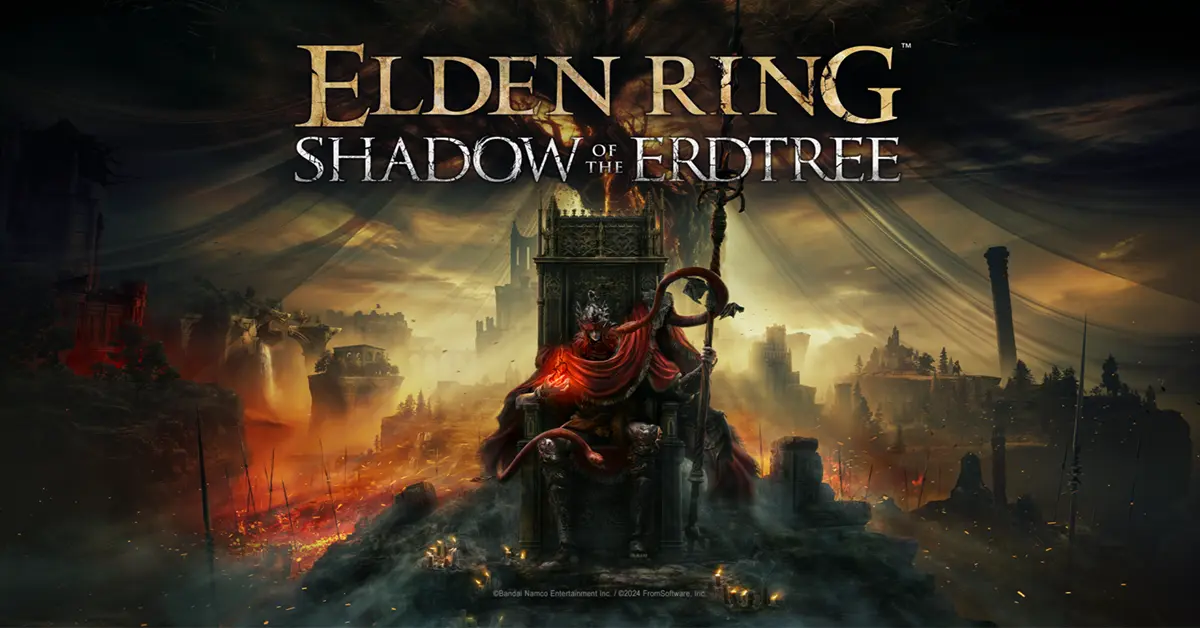 Key art for Elden Ring Shadow of the Erdtree showing the character Messmer against a dark, fiery backdrop.