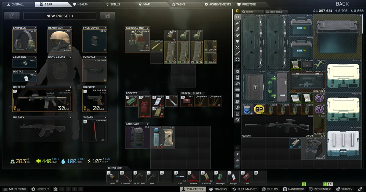 Comparison overview of Escape from Tarkov inventory stash and secure containers.