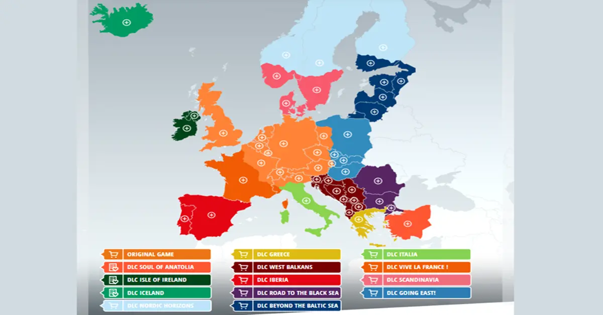 Map interface showing expanded European territories in Euro Truck Simulator 2