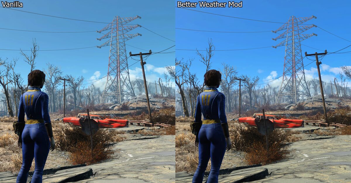 A heavily modded gameplay screenshot showing enhanced weather effects and realistic lighting in Fallout 4.