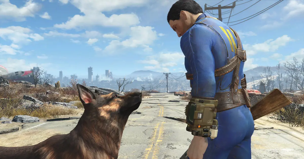 High-resolution screenshot of the Sole Survivor overlooking the post-apocalyptic ruins of Boston in Fallout 4.