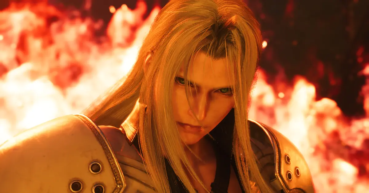 Sephiroth standing amidst flames in a flashback sequence.