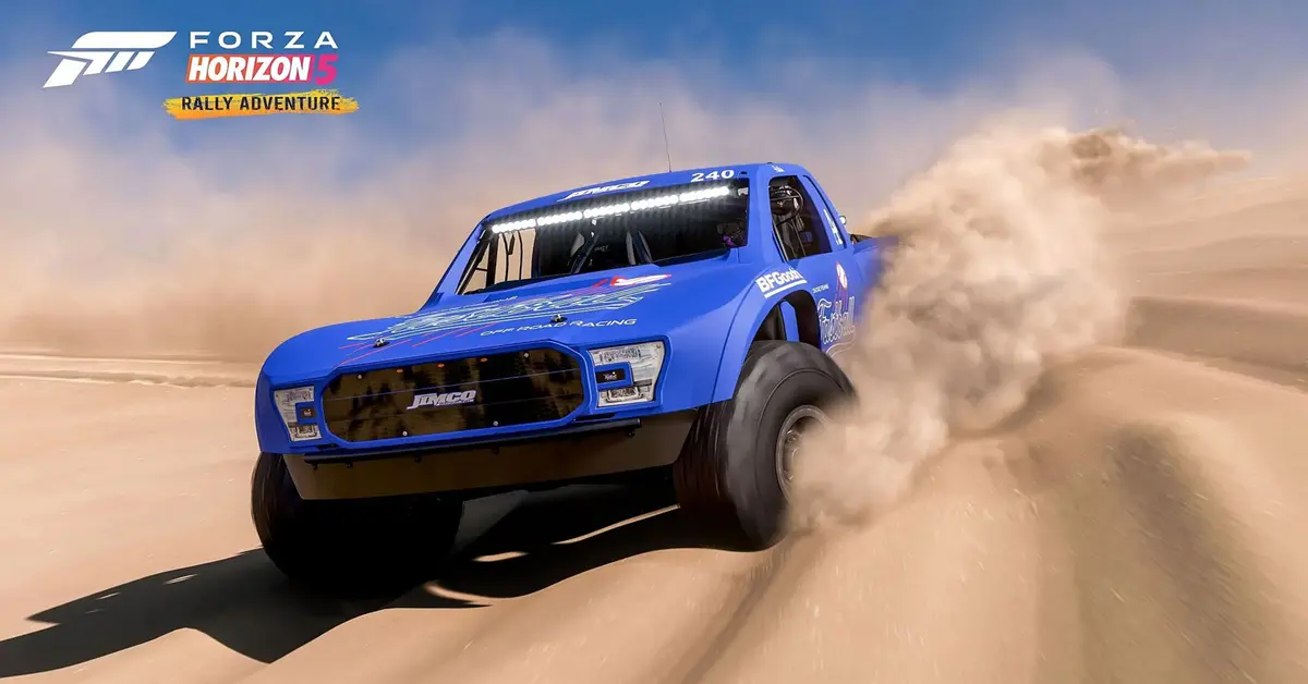 A rally car kicking up dust in the Forza Horizon 5 Rally Adventure expansion