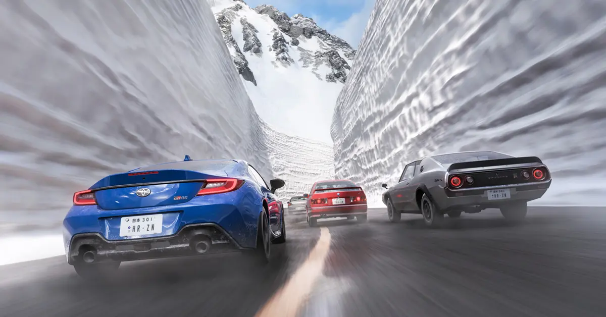 A detailed view of a customized JDM drift car navigating a tight, rain-slicked mountain pass in Forza Horizon 6.
