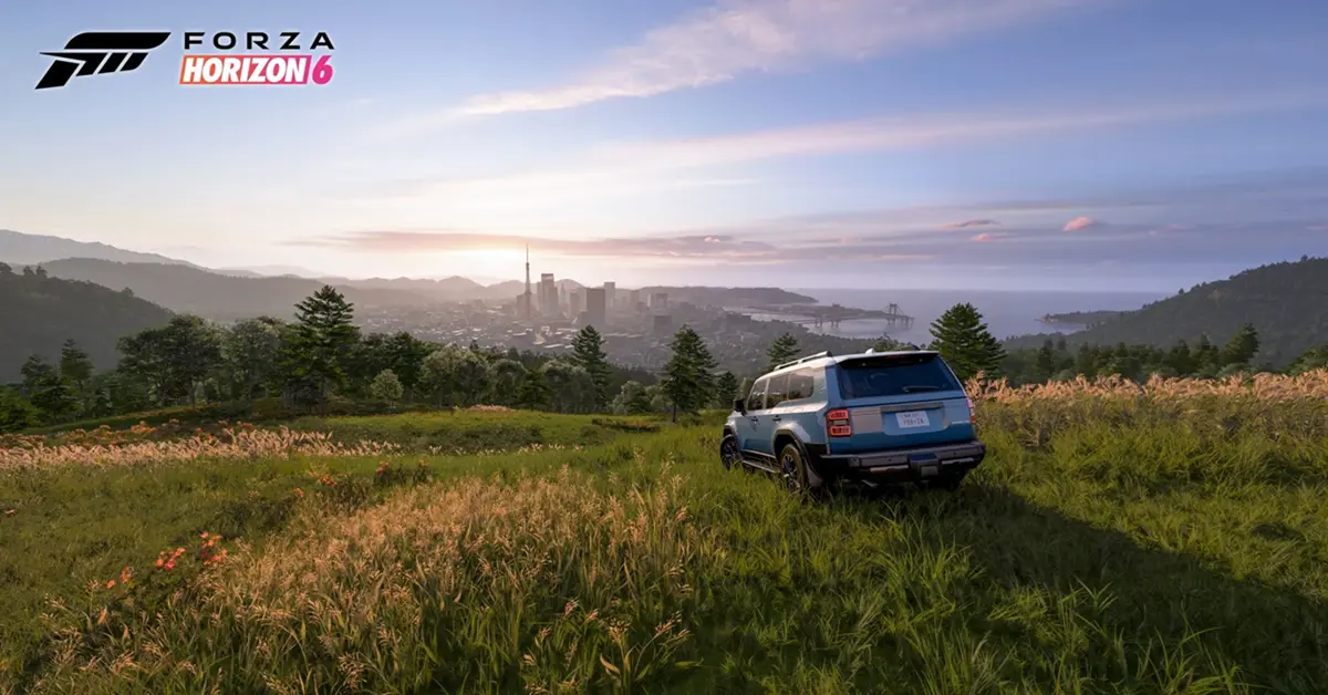 A scenic view of winding mountain passes outside of Tokyo in Forza Horizon 6 during dusk.