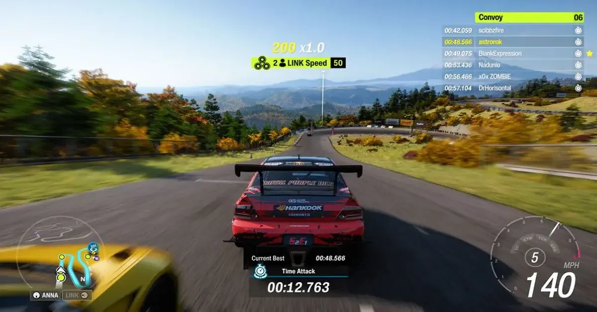 Forza Horizon 6 gameplay UI showing a race restart menu and the 550+ car roster against a Japanese mountain pass