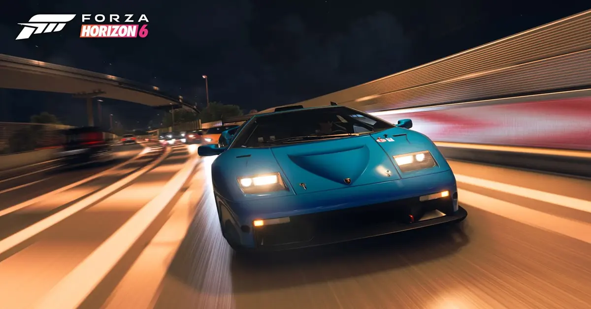 A heavily modified sports car drifting through neon-illuminated Tokyo streets in Forza Horizon 6.