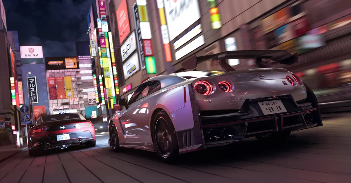 Forza Horizon 6 gameplay showing cars racing through a neon-lit Tokyo street on PC and Xbox Series X