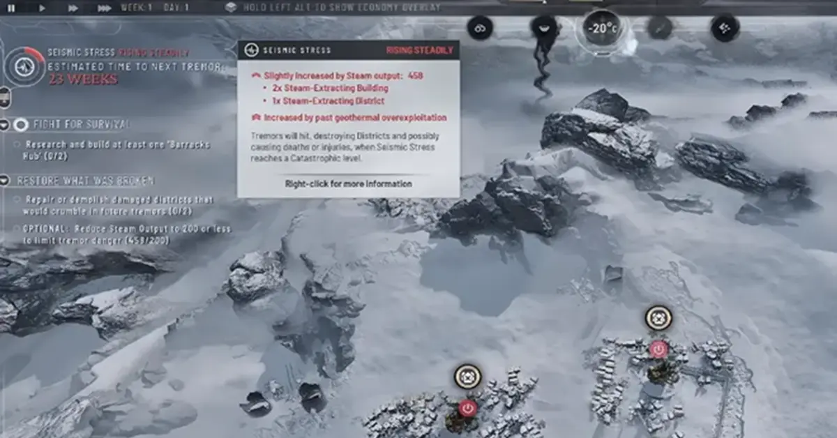 Frostpunk 2 New Edinburgh district interface showing geothermal pressure monitors