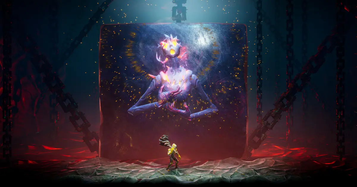 A surreal, rocky protagonist in Grime II absorbing a defeated foe in a dark, atmospheric cavern.