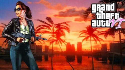 GTA VI armed girl in sunset palm trees