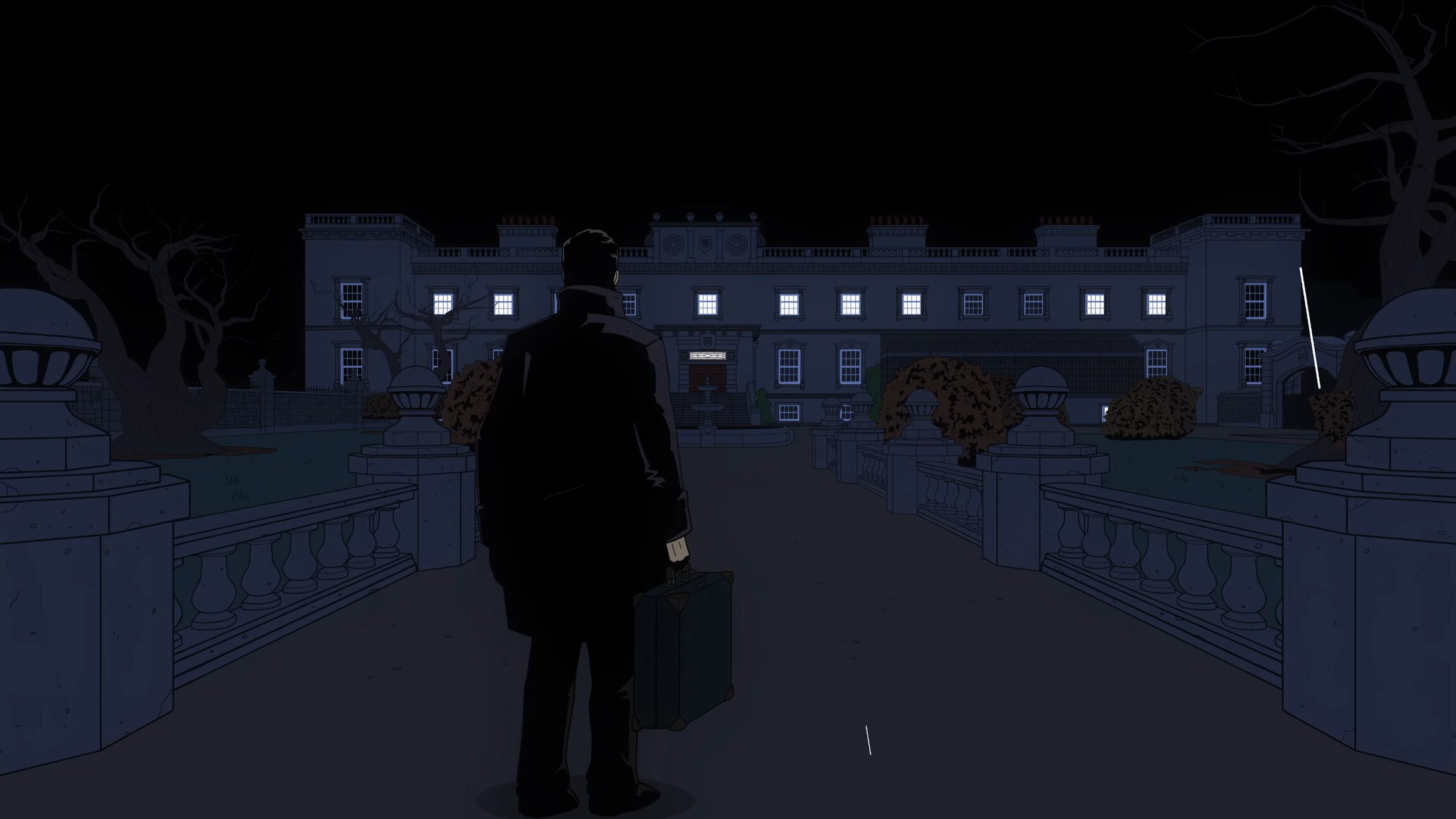 man standing with a suitcase in front of a manor at night