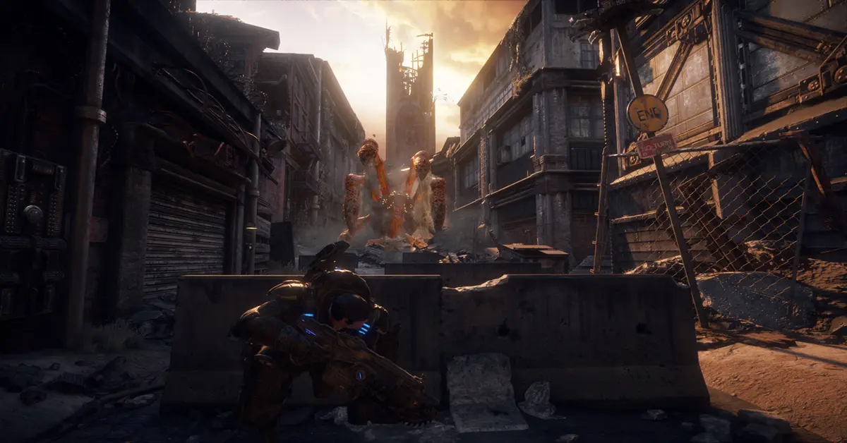 Delta Squad taking cover behind a concrete barrier in a visually overhauled city environment.