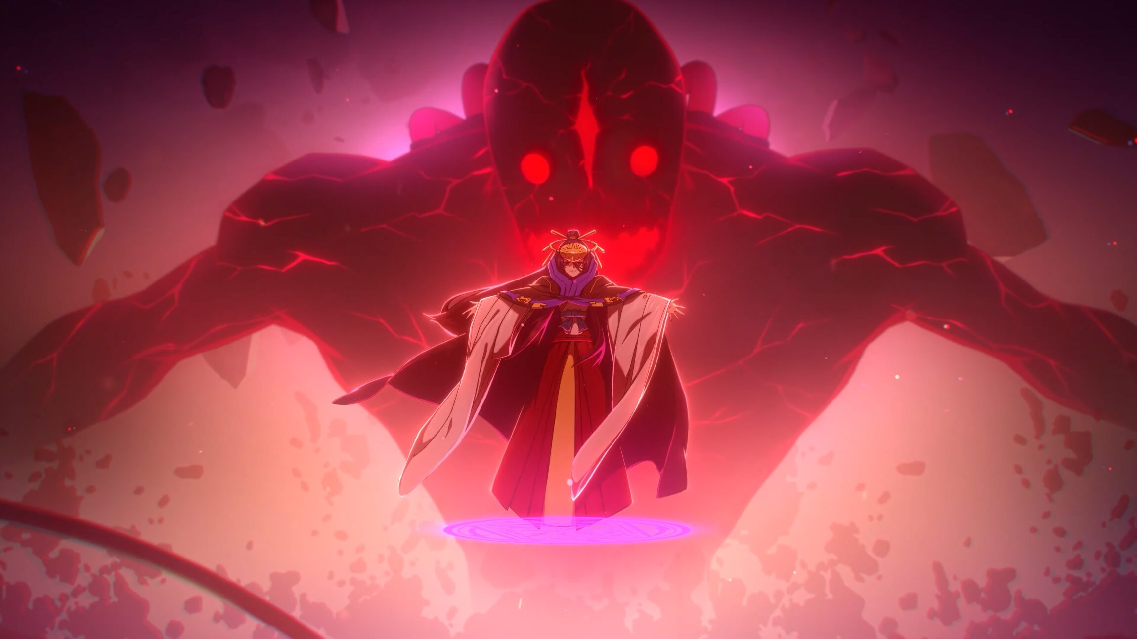 bad guy in front of a gigantic titan