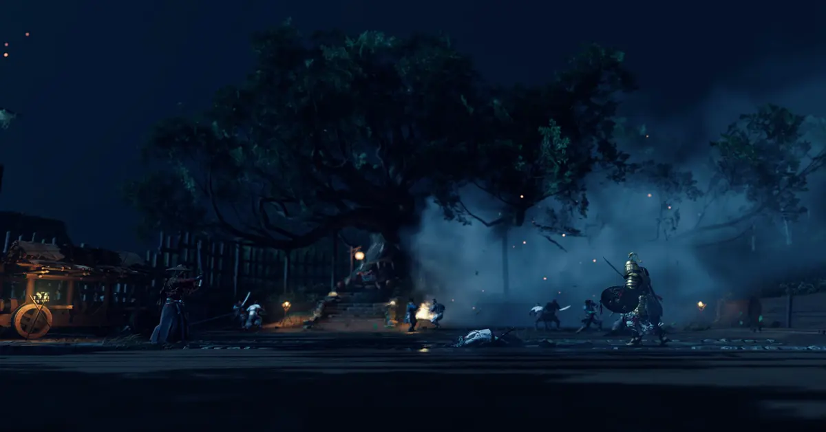 Jin Sakai engaged in a tense, moonlit katana duel against a Mongol warrior
