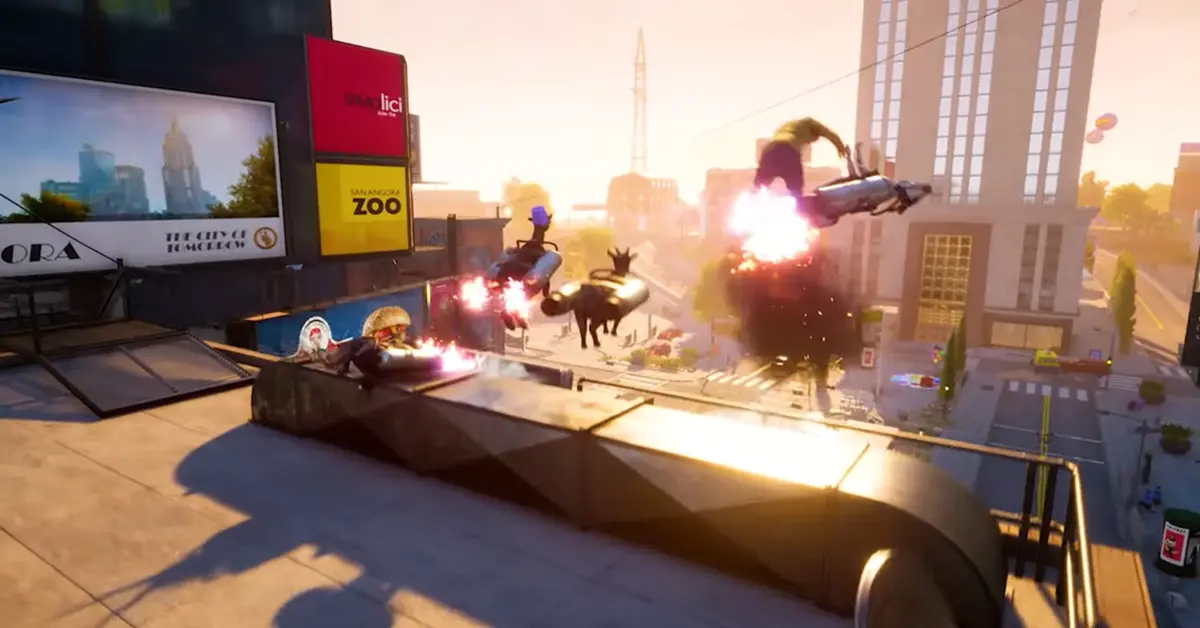 Three heavily customized goats flying through the sky with jetpacks in Goat Simulator 3
